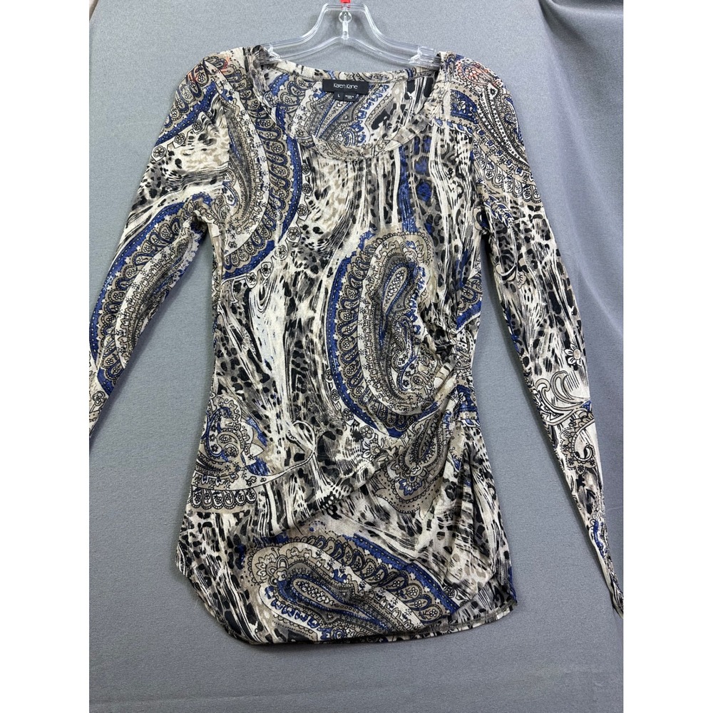 Karen Kane Women's Large Paisley Leopard Print Ruched Long Sleeve Top Blue Tan‎